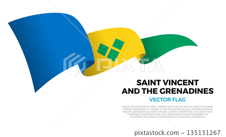 Flag of Saint Vincent and the Grenadines. Grenadinian and Caribbean Culture. Shining flag with realistic shadows waving in three layers. The elegant curves and realistic shading create a sense of Flag of Saint Vincent and the Grenadines. Grenadinian and Caribbean Culture. Shining flag with realistic shadows waving in three layers. The elegant curves and realistic shading create a sense of 135131267