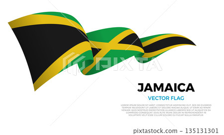 Flag of Jamaica. Jamaican and Caribbean Culture. Shining flag with realistic shadows waving in three layers. The elegant curves and realistic shading create a sense of motion Flag of Jamaica. Jamaican and Caribbean Culture. Shining flag with realistic shadows waving in three layers. The elegant curves and realistic shading create a sense of motion 135131301