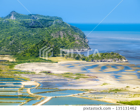 Aerial view of the tidal flats and blue sea of the central-southern coast of Thailand / Kui Buri, Thailand 135131462