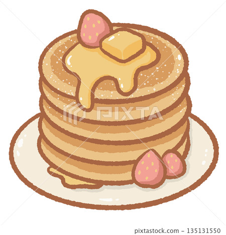 Delicious stack of pancakes with melting butter and maple syrup topped with fresh strawberries hand drawn breakfast food illustration isolated for cafe menu and brunch design Delicious stack of pancakes with melting butter and maple syrup topped with fresh strawberries hand drawn breakfast food illustration isolated for cafe menu and brunch design 135131550