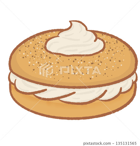Hand drawn bagel with thick cream cheese spread and sesame seeds savory breakfast pastry illustration isolated on white background for bakery and cafe menu design 135131565