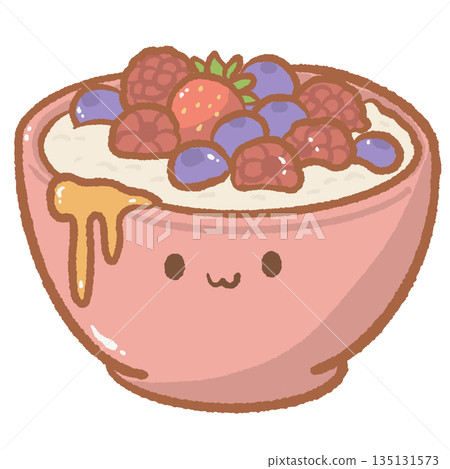 Kawaii pink bowl of greek yogurt topped with fresh blueberries raspberries and strawberries with honey drizzle cute healthy breakfast character illustration for cafe decor 135131573