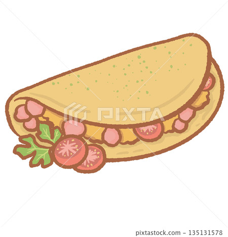 Cute hand drawn omelette with sausage and tomato slices breakfast food icon isolated on white background colorful cartoon style delicious meal for menu design and kids projects 135131578