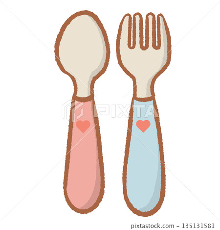 Cute spoon and fork set with pink and blue handles and heart details adorable kitchen utensil illustration for baby shower invitations cafe branding and restaurant decor Cute spoon and fork set with pink and blue handles and heart details adorable kitchen utensil illustration for baby shower invitations cafe branding and restaurant decor 135131581