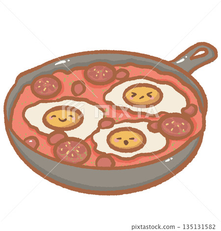 Traditional egg shakshuka in a cast iron skillet with tomato sauce and smiling egg characters cute kawaii breakfast food illustration for Mediterranean cafe and restaurant menus Traditional egg shakshuka in a cast iron skillet with tomato sauce and smiling egg characters cute kawaii breakfast food illustration for Mediterranean cafe and restaurant menus 135131582