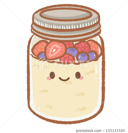 Healthy overnight oats in a glass mason jar topped with fresh strawberries and blueberries cute kawaii food character illustration for breakfast and wellness designs Healthy overnight oats in a glass mason jar topped with fresh strawberries and blueberries cute kawaii food character illustration for breakfast and wellness designs 135131585