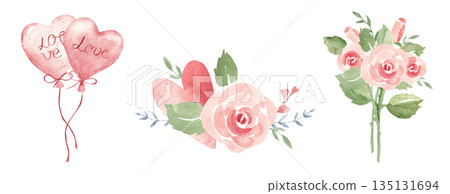 St. Valentine day or wedding compositions set with air balloons, roses bouquets and hearts. Watercolor hand drawn illustration isolated on a white background. Romantic design elements for prints St. Valentine day or wedding compositions set with air balloons, roses bouquets and hearts. Watercolor hand drawn illustration isolated on a white background. Romantic design elements for prints 135131694