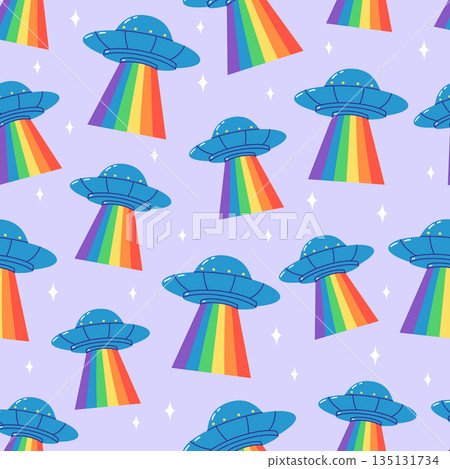Seamless UFO Pattern with Rainbow Beams 135131734