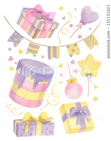 Birthday watercolor collection. Handmade illustration of birthday cake, garland of flags, serpentines, gifts, confetti and lollipops. For packing paper, greeting cards, decoration and illustration. Birthday watercolor collection. Handmade illustration of birthday cake, garland of flags, serpentines, gifts, confetti and lollipops. For packing paper, greeting cards, decoration and illustration. 135131821