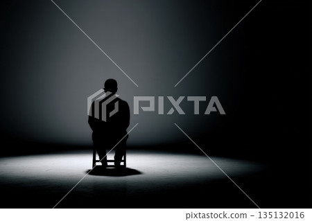 Silhouette of a Person Sitting on a Stool Under a Spotlight in a Dark Studio 135132016