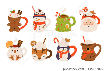 Christmas hot drink set. Flat cartoon different beverages. Holiday cute mugs hot cocoa, coffee, milk, cream and mulled wine. New year drinks decorated holly and candy. Isolated vector illustration Christmas hot drink set. Flat cartoon different beverages. Holiday cute mugs hot cocoa, coffee, milk, cream and mulled wine. New year drinks decorated holly and candy. Isolated vector illustration 135132072