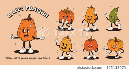 Groovy retro Happy Halloween character. Funky orange pumpkin with happy face in trendy vintage 50s, 60s, 70s style. Cute cartoon vector illustration on background 135132073