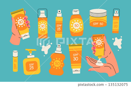 Sun safety collection. Heands with cream, tubes and bottles of sunscreen products with SPF: lotion, lipstick, spray. Hand drawn summer cosmetic. Sunblock, skin protection, skin care products. Vector 135132075