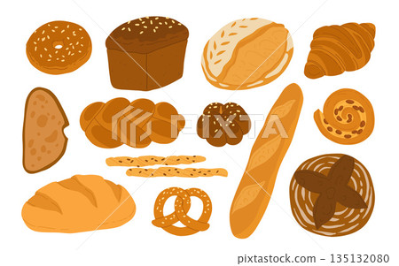 Set of fresh breads. Breads and pastry banner. Whole grain and wheat bread, pretzel, ciabatta, croissant, french baguette for bakery menu design. 135132080