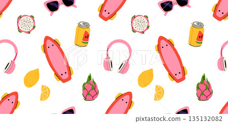 Seamless pattern with summer Icons for tropical vacation. Flat vector seasonal collection with ice cream, pineapple, tropic leaves, plumeria, watermelon, surfboard, beach accessories, swimsuit 135132082