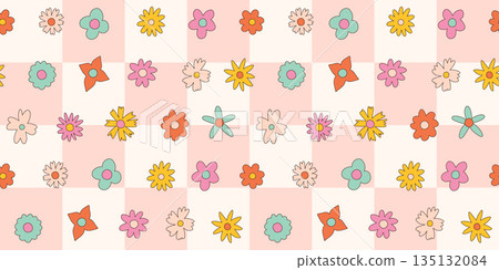 Floral pattern in the style of the 70s with groovy daisy flowers. Retro floral naive vector design. Style of the 60s, 70s, 80s Floral pattern in the style of the 70s with groovy daisy flowers. Retro floral naive vector design. Style of the 60s, 70s, 80s 135132084