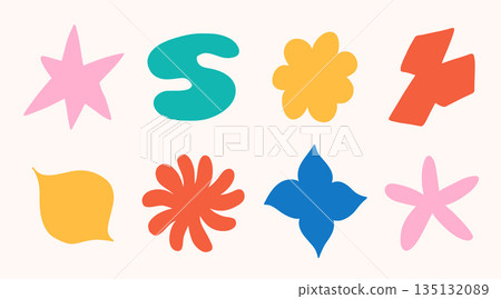 Abstract cloud and flower shapes sticker pack. Groovy funky flower, bubble, star, loop, waves in trendy retro 90s 00s cartoon style. Vector illustration with floraland blob elements. 135132089