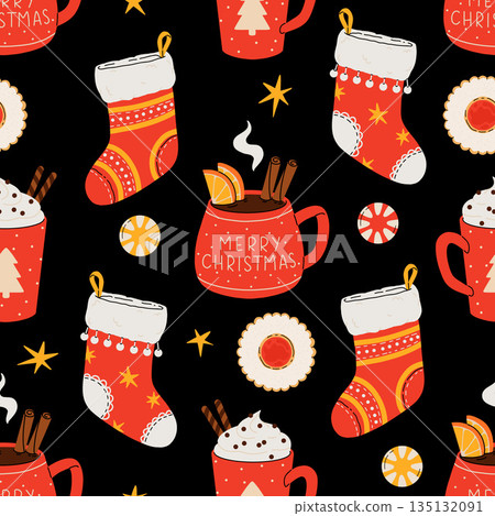 Christmas and Happy New Year seamless pattern. Mugs of cacao with whipped cream, marshmallow and candy cane. Greeting card for Xmas, New year or winter holidays. Vector design template. Christmas and Happy New Year seamless pattern. Mugs of cacao with whipped cream, marshmallow and candy cane. Greeting card for Xmas, New year or winter holidays. Vector design template. 135132091
