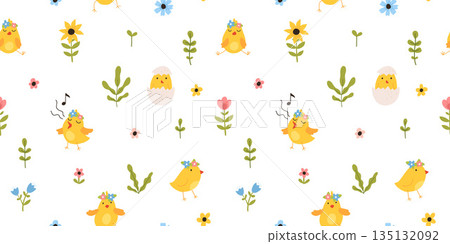Lovely hand drawn Easter seamless pattern with bunnies, doodles, flowers, easter eggs, beautiful background. Suitable for Easter cards, banner, textiles, wallpapers. Lovely hand drawn Easter seamless pattern with bunnies, doodles, flowers, easter eggs, beautiful background. Suitable for Easter cards, banner, textiles, wallpapers. 135132092