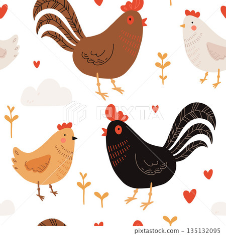 Seamless pattern with rooster, hen and chicks. Chicken with brood. Cute lovely family of domestic fowl or poultry birds. Childish flat cartoon vector illustration. Seamless pattern with rooster, hen and chicks. Chicken with brood. Cute lovely family of domestic fowl or poultry birds. Childish flat cartoon vector illustration. 135132095