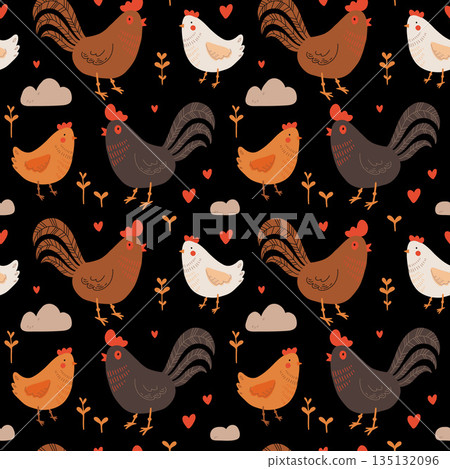 Seamless pattern with rooster, hen and chicks. Chicken with brood. Cute lovely family of domestic fowl or poultry birds. Childish flat cartoon vector illustration. Seamless pattern with rooster, hen and chicks. Chicken with brood. Cute lovely family of domestic fowl or poultry birds. Childish flat cartoon vector illustration. 135132096