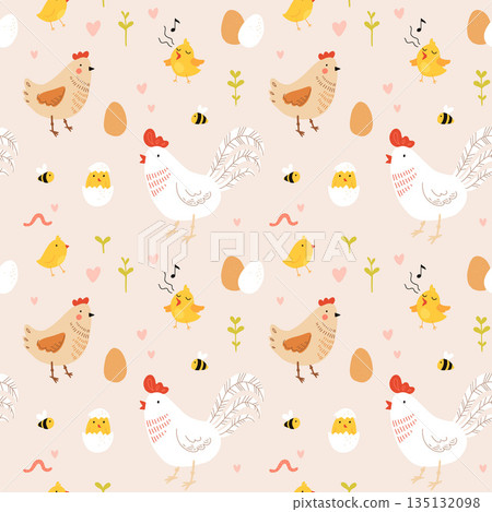 Seamless pattern with rooster, hen and chicks. Chicken with brood. Cute lovely family of domestic fowl or poultry birds. Childish flat cartoon vector illustration. Seamless pattern with rooster, hen and chicks. Chicken with brood. Cute lovely family of domestic fowl or poultry birds. Childish flat cartoon vector illustration. 135132098