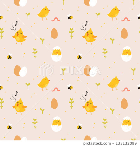 Seamless pattern with rooster, hen and chicks. Chicken with brood. Cute lovely family of domestic fowl or poultry birds. Childish flat cartoon vector illustration. Seamless pattern with rooster, hen and chicks. Chicken with brood. Cute lovely family of domestic fowl or poultry birds. Childish flat cartoon vector illustration. 135132099