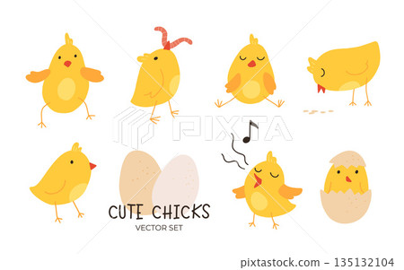 Cartoon Easter chicks. Cute baby farm birds with yellow feathers. Cheerful little chickens and roosters activities. Funny domestic animals hatched from eggs. Isolated newborn poultry, vector set Cartoon Easter chicks. Cute baby farm birds with yellow feathers. Cheerful little chickens and roosters activities. Funny domestic animals hatched from eggs. Isolated newborn poultry, vector set 135132104