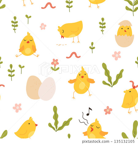 Seamless pattern with cute cartoon chicks. Easter festive illustration. Cute lovely family of domestic fowl or poultry birds. Childish flat cartoon vector illustration. Seamless pattern with cute cartoon chicks. Easter festive illustration. Cute lovely family of domestic fowl or poultry birds. Childish flat cartoon vector illustration. 135132105