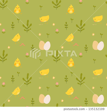 Seamless pattern with cute cartoon chicks. Easter festive illustration. Cute lovely family of domestic fowl or poultry birds. Childish flat cartoon vector illustration. Seamless pattern with cute cartoon chicks. Easter festive illustration. Cute lovely family of domestic fowl or poultry birds. Childish flat cartoon vector illustration. 135132109