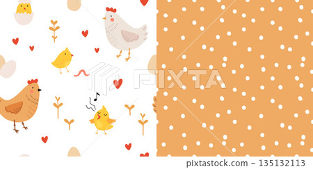 Seamless pattern with rooster, hen and chicks. Chicken with brood. Cute lovely family of domestic fowl or poultry birds. Childish flat cartoon vector illustration. Seamless pattern with rooster, hen and chicks. Chicken with brood. Cute lovely family of domestic fowl or poultry birds. Childish flat cartoon vector illustration. 135132113