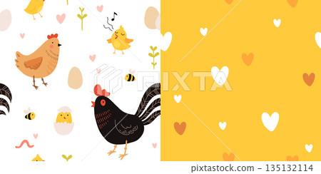 Seamless pattern with rooster, hen and chicks. Chicken with brood. Cute lovely family of domestic fowl or poultry birds. Childish flat cartoon vector illustration. 135132114