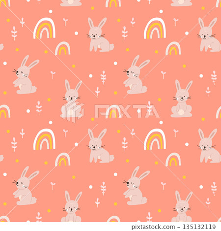 Vector color hand-drawn children cute easter seamless pattern with hens, bunny, easter eggs, flowers in scandinavian style. Easter colorful set. Doodle cartoon spring background. Happy easter. 135132119