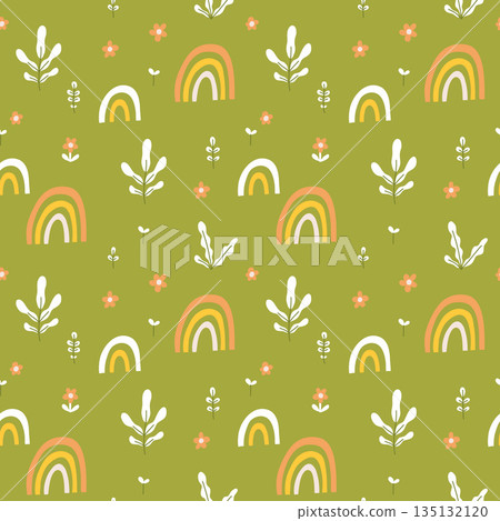 Vector color hand-drawn children cute easter seamless pattern with hens, bunny, easter eggs, flowers in scandinavian style. Easter colorful set. Doodle cartoon spring background. Happy easter. 135132120