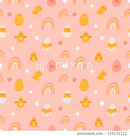 Vector color hand-drawn children cute easter seamless pattern with hens, bunny, easter eggs, flowers in scandinavian style. Easter colorful set. Doodle cartoon spring background. Happy easter. 135132122