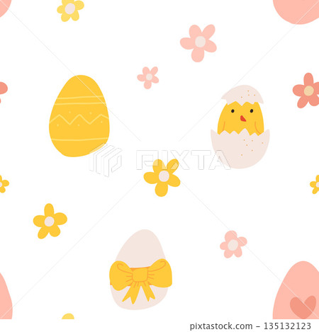 Vector color hand-drawn children cute easter seamless pattern with hens, bunny, easter eggs, flowers in scandinavian style. Easter colorful set. Doodle cartoon spring background. Happy easter. Vector color hand-drawn children cute easter seamless pattern with hens, bunny, easter eggs, flowers in scandinavian style. Easter colorful set. Doodle cartoon spring background. Happy easter. 135132123