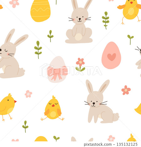 Vector color hand-drawn children cute easter seamless pattern with hens, bunny, easter eggs, flowers in scandinavian style. Easter colorful set. Doodle cartoon spring background. Happy easter. Vector color hand-drawn children cute easter seamless pattern with hens, bunny, easter eggs, flowers in scandinavian style. Easter colorful set. Doodle cartoon spring background. Happy easter. 135132125
