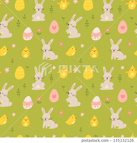 Vector color hand-drawn children cute easter seamless pattern with hens, bunny, easter eggs, flowers in scandinavian style. Easter colorful set. Doodle cartoon spring background. Happy easter. Vector color hand-drawn children cute easter seamless pattern with hens, bunny, easter eggs, flowers in scandinavian style. Easter colorful set. Doodle cartoon spring background. Happy easter. 135132126