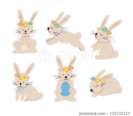 Vector color hand-drawn children cute easter set with bunny, wreath of flowers in scandinavian style on a white background. Easter set. Spring. Happy easter. 135132127