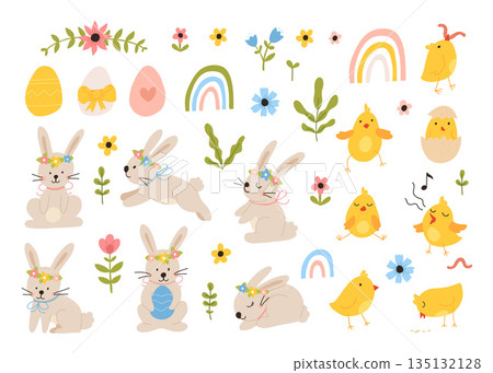 Vector color hand-drawn children cute easter set with bunny, chick and easter eggs, flowers in scandinavian style on a white background. Easter set. Spring. Happy easter. Vector color hand-drawn children cute easter set with bunny, chick and easter eggs, flowers in scandinavian style on a white background. Easter set. Spring. Happy easter. 135132128