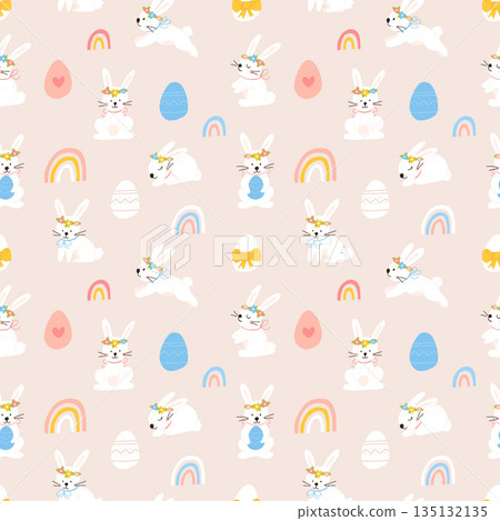 Vector color hand-drawn children cute easter seamless pattern with hens, bunny, easter eggs, flowers in scandinavian style. Easter colorful set. Doodle cartoon spring background. Happy easter. Vector color hand-drawn children cute easter seamless pattern with hens, bunny, easter eggs, flowers in scandinavian style. Easter colorful set. Doodle cartoon spring background. Happy easter. 135132135