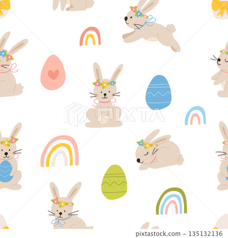 Vector color hand-drawn children cute easter seamless pattern with hens, bunny, easter eggs, flowers in scandinavian style. Easter colorful set. Doodle cartoon spring background. Happy easter. Vector color hand-drawn children cute easter seamless pattern with hens, bunny, easter eggs, flowers in scandinavian style. Easter colorful set. Doodle cartoon spring background. Happy easter. 135132136