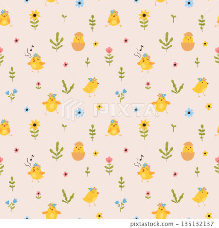 Vector color hand-drawn children cute easter seamless pattern with hens, bunny, easter eggs, flowers in scandinavian style. Easter colorful set. Doodle cartoon spring background. Happy easter. Vector color hand-drawn children cute easter seamless pattern with hens, bunny, easter eggs, flowers in scandinavian style. Easter colorful set. Doodle cartoon spring background. Happy easter. 135132137