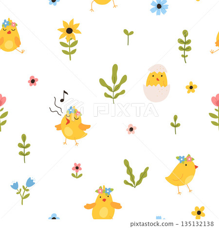 Vector color hand-drawn children cute easter seamless pattern with hens, bunny, easter eggs, flowers in scandinavian style. Easter colorful set. Doodle cartoon spring background. Happy easter. Vector color hand-drawn children cute easter seamless pattern with hens, bunny, easter eggs, flowers in scandinavian style. Easter colorful set. Doodle cartoon spring background. Happy easter. 135132138