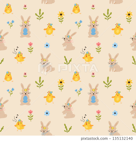 Vector color hand-drawn children cute easter seamless pattern with hens, bunny, easter eggs, flowers in scandinavian style. Easter colorful set. Doodle cartoon spring background. Happy easter. Vector color hand-drawn children cute easter seamless pattern with hens, bunny, easter eggs, flowers in scandinavian style. Easter colorful set. Doodle cartoon spring background. Happy easter. 135132140