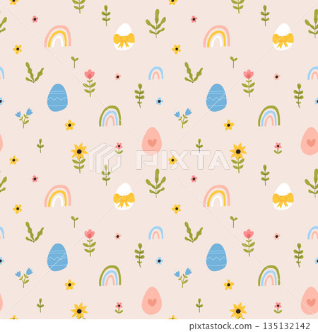 Vector color hand-drawn children cute easter seamless pattern with hens, bunny, easter eggs, flowers in scandinavian style. Easter colorful set. Doodle cartoon spring background. Happy easter. 135132142