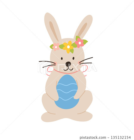 Vector color hand-drawn children cute easter poster with bunny, wreath of flowers in scandinavian style on a white background. Easter set. Spring. Happy easter. 135132154