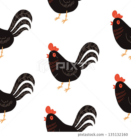 Seamless pattern with rooster. Chicken with brood. Cute lovely family of domestic fowl or poultry birds. Childish flat cartoon vector illustration. Seamless pattern with rooster. Chicken with brood. Cute lovely family of domestic fowl or poultry birds. Childish flat cartoon vector illustration. 135132160