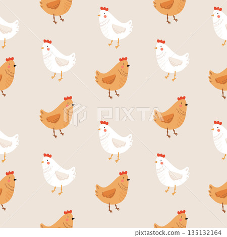 Seamless pattern with hens. Chicken with brood. Cute lovely family of domestic fowl or poultry birds. Childish flat cartoon vector illustration. Seamless pattern with hens. Chicken with brood. Cute lovely family of domestic fowl or poultry birds. Childish flat cartoon vector illustration. 135132164
