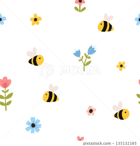 Vector color hand-drawn children cute easter seamless pattern with bees and flowers in scandinavian style. Easter colorful set. Doodle cartoon spring background. Happy easter. Vector color hand-drawn children cute easter seamless pattern with bees and flowers in scandinavian style. Easter colorful set. Doodle cartoon spring background. Happy easter. 135132165